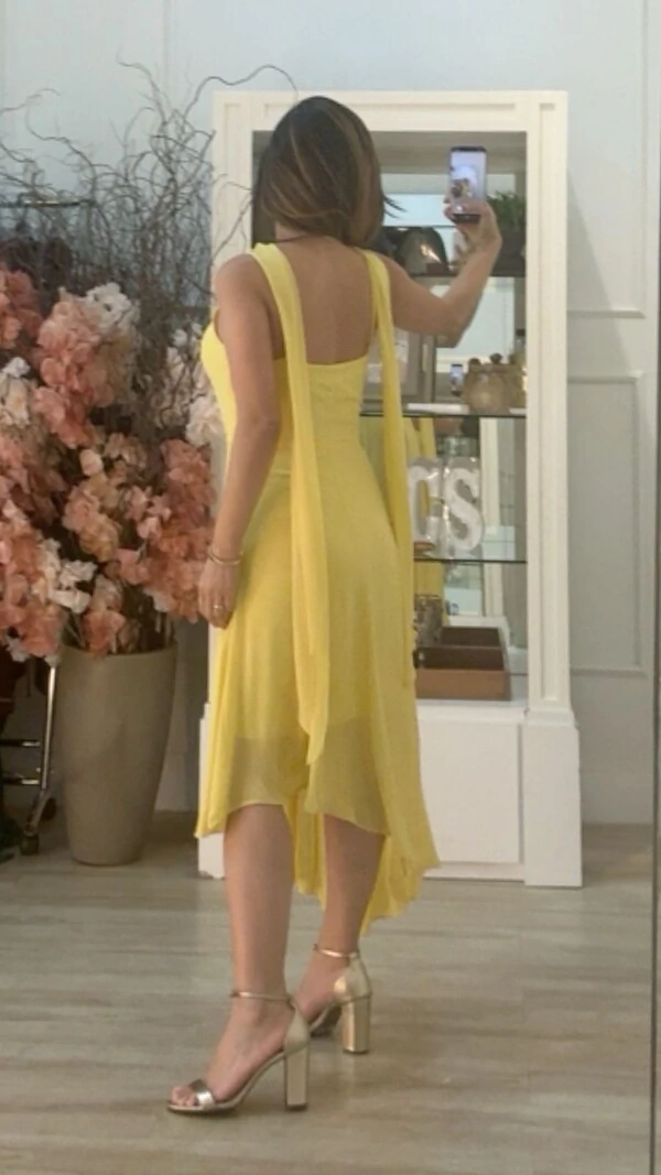 Vestido Midi Chiffon Detalhe Echarpe Fabiola Barrado Assimétrico