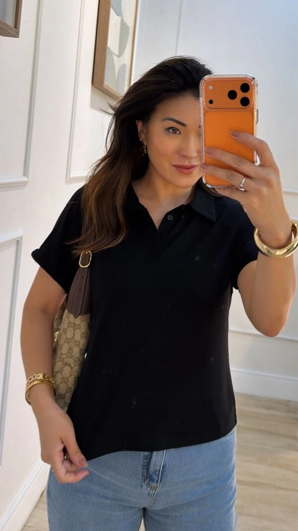 Camisa Polo Texturizada Gabriela Mangas Detalhe Dobrado