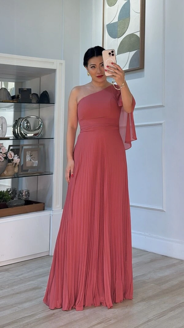 Vestido Longo Crepe Ombro Único Sophia Cinto Faixa