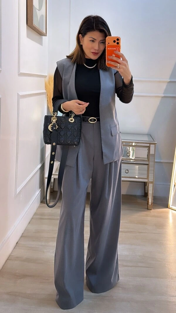Calça Pantalona Alfaiataria Lindsay Cinto Fino Couro Eco
