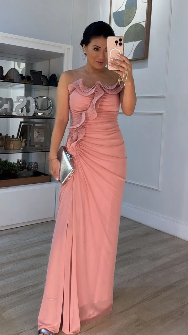 Vestido Longo Tulê Gabriella Tomara Que Caia Com Babados