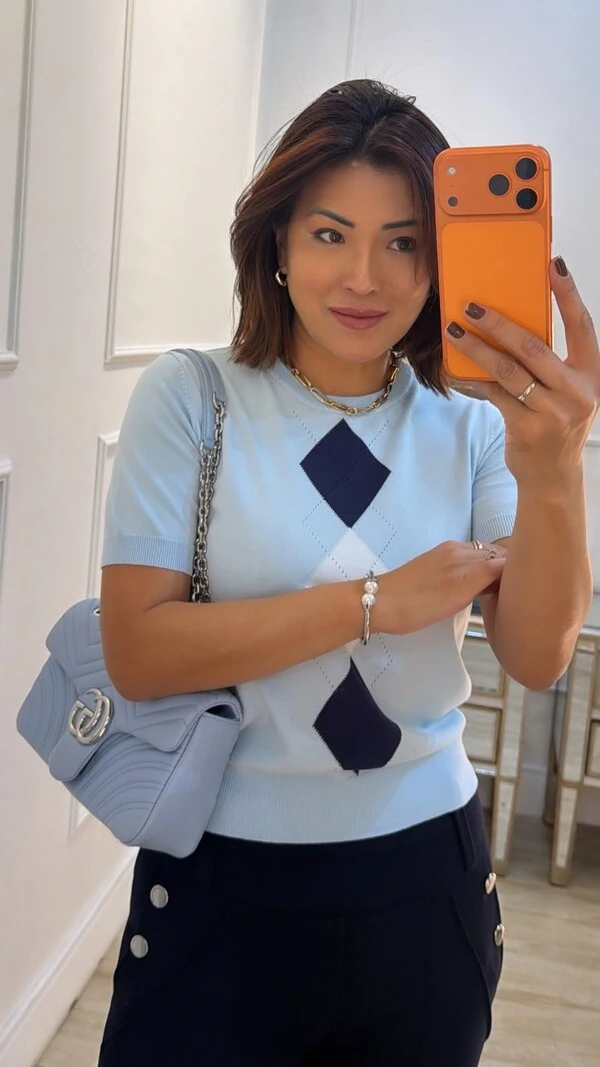 Blusa Tricot Estampa Em Losangos Livia Mangas Curtas