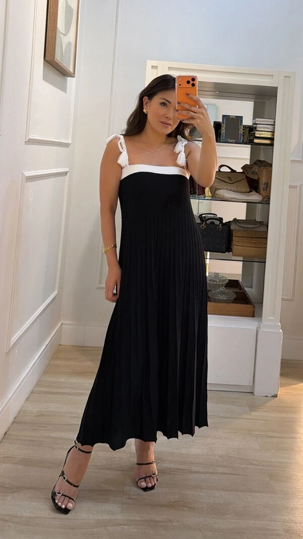 Vestido Tricot Midi Decote Reto Kate Amarração Nos Ombros