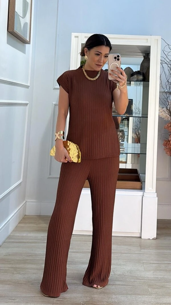 Conjunto Tricot Nervuras Caneladas Roberta Blusa E Calça Pantalona