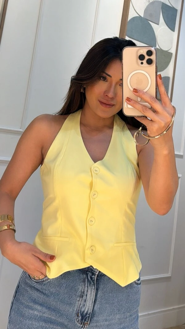 Colete Cavado Twill Barrado Assimétrico Naomi Bolsos Fake