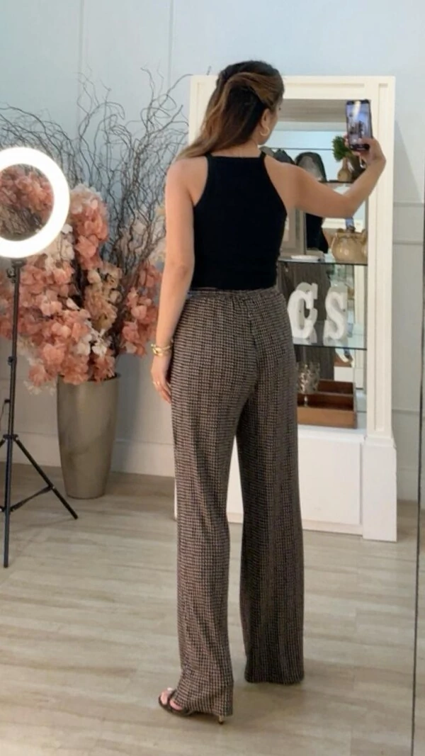 Calça Pied Poule Cinthia Pala Larga Com Amarração Frontal