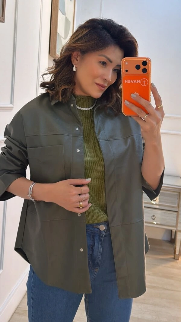 Maxi Camisa Couro Eco Luiza Bolso Único Frontal