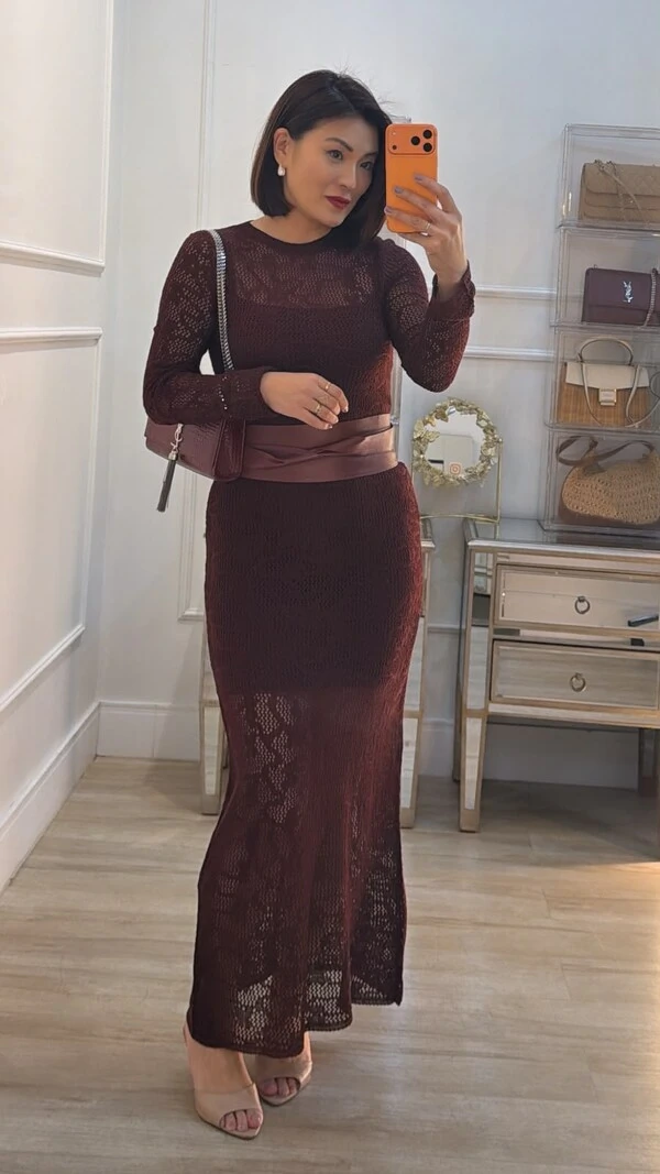 Vestido Longo Tricot Vazado Maya Mangas Longas