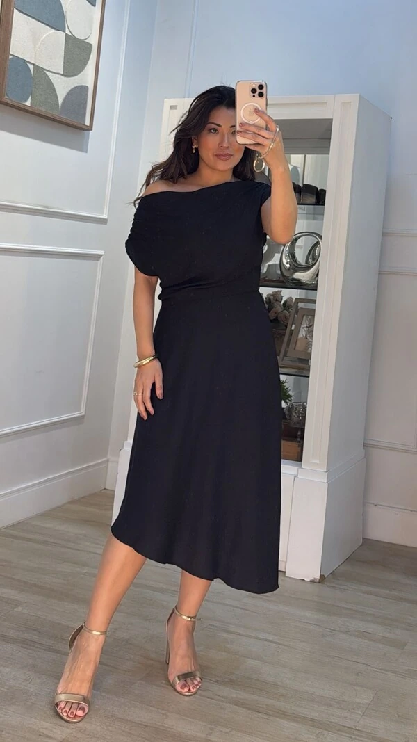 Vestido Midi Assimétrico Angélica Drapeado Nos Ombros