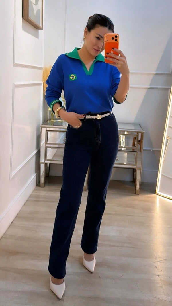 Blusa Tricot Brasil Gola Polo Fernanda Mangas Longas