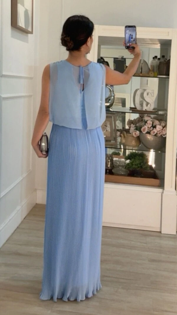 Vestido Longo Blusado Crepe Decote Canoa Com Detalhe Franzido Grace Saia Plissada