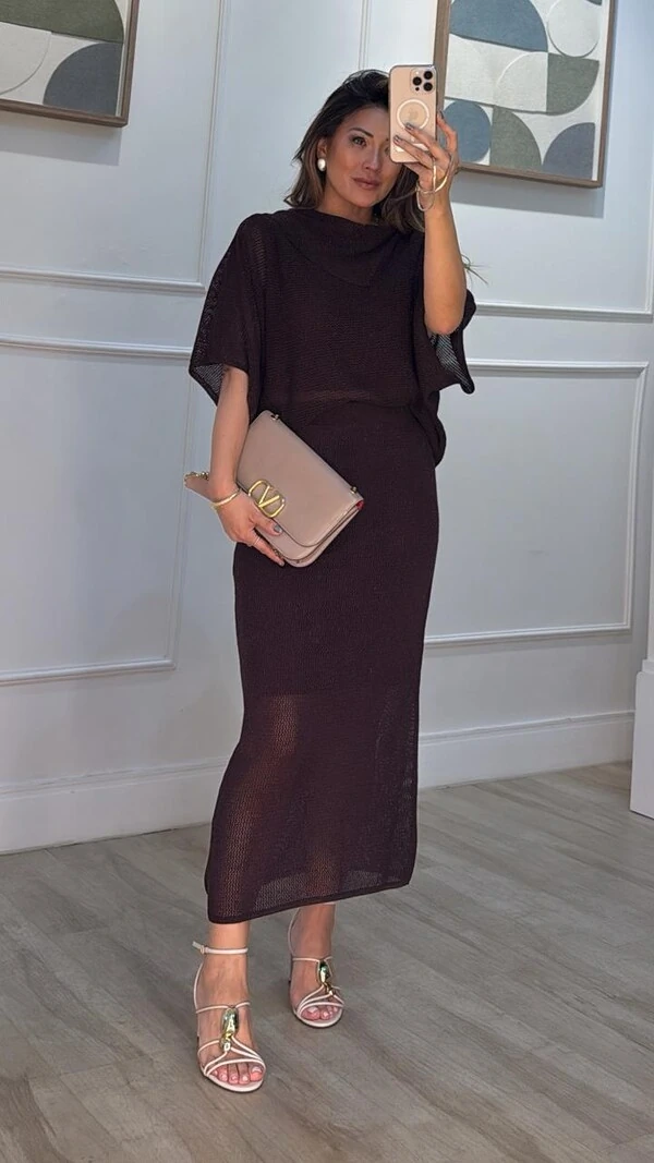 Conjunto Tricot Fio De Lurex Lavínia Poncho & Saia Midi