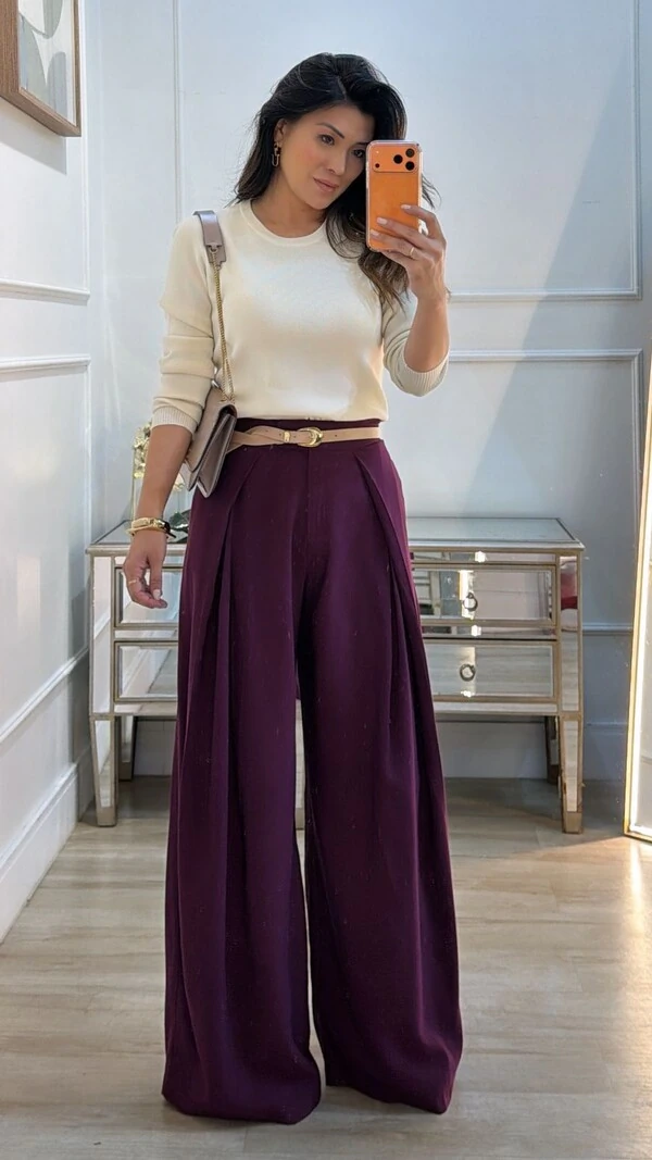 Calça Twill Detalhe De Sobreposição Catherine Pregas Frontais