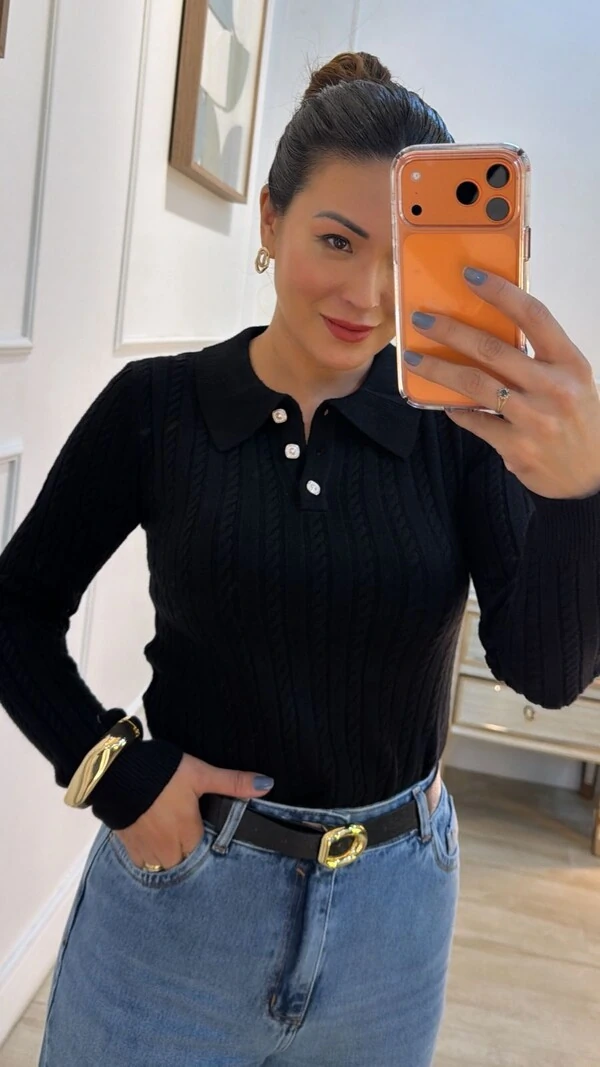 Blusa Tricot Gola Polo Agatha Botões Resinados Na Gola
