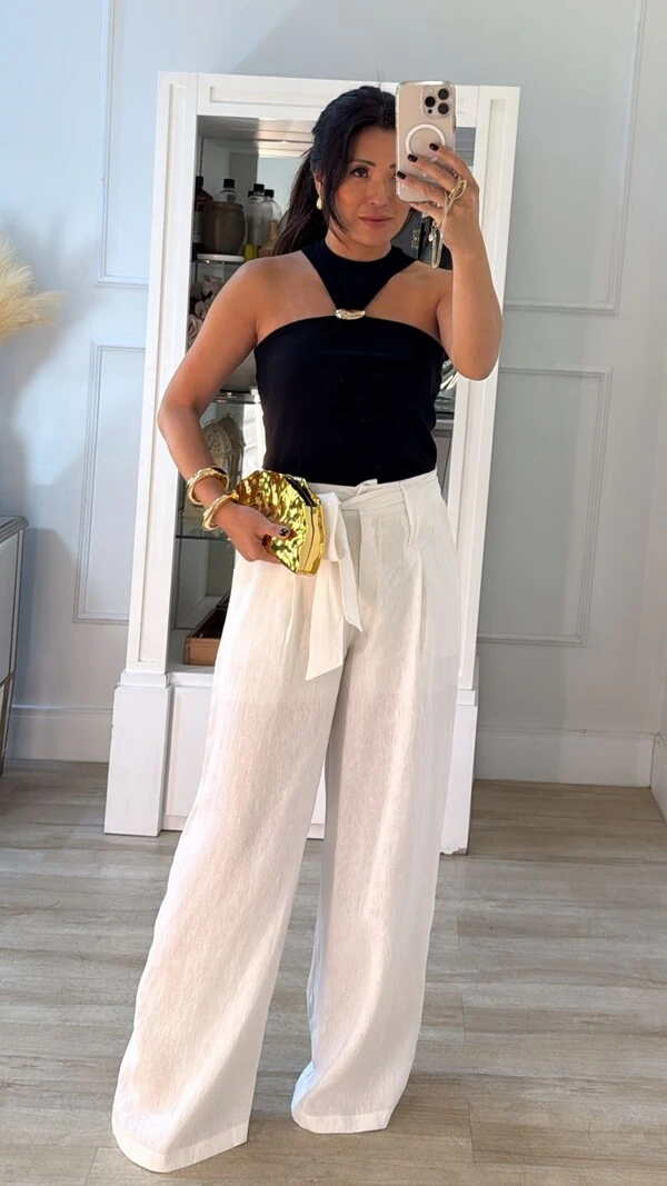 Calça Pantalona Em Linho Mirella Com Cinto Faixa