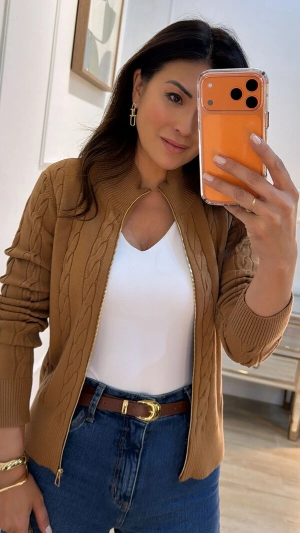 Blusa Tricot Gola Alta Trançados Pela Peça Nathaly Zíper Dourado