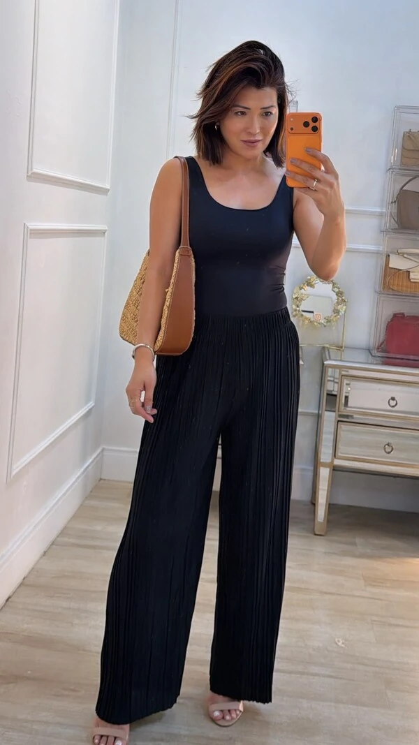 Calça Pantalona Plissada Serena Pala Larga Com Elástico