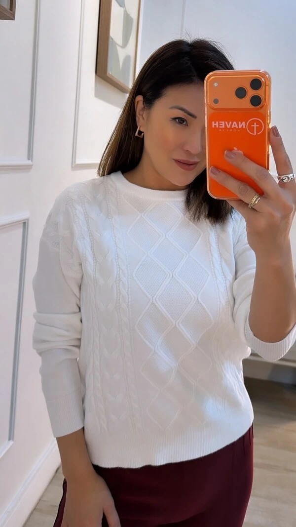 Blusa Tricot Mangas Longas Lívia Losangos Texturizados Frontais