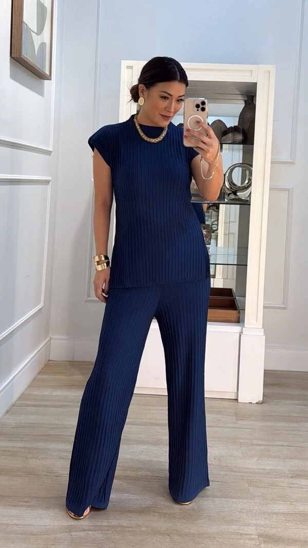 Conjunto Tricot Nervuras Caneladas Roberta Blusa E Calça Pantalona