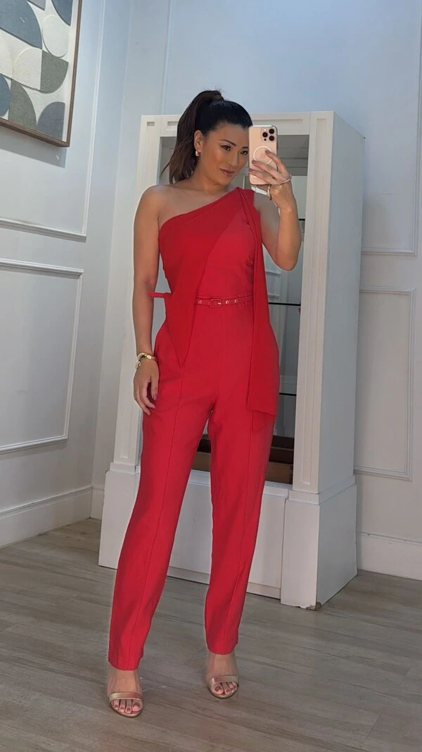 Macacão Twill Ombro Único Detalhe Em Chiffon Mary Cinto Fino