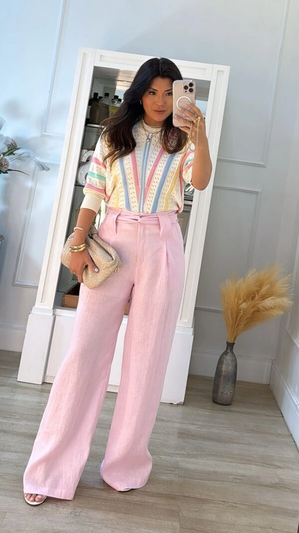 Calça Pantalona Em Linho Mirella Com Cinto Faixa