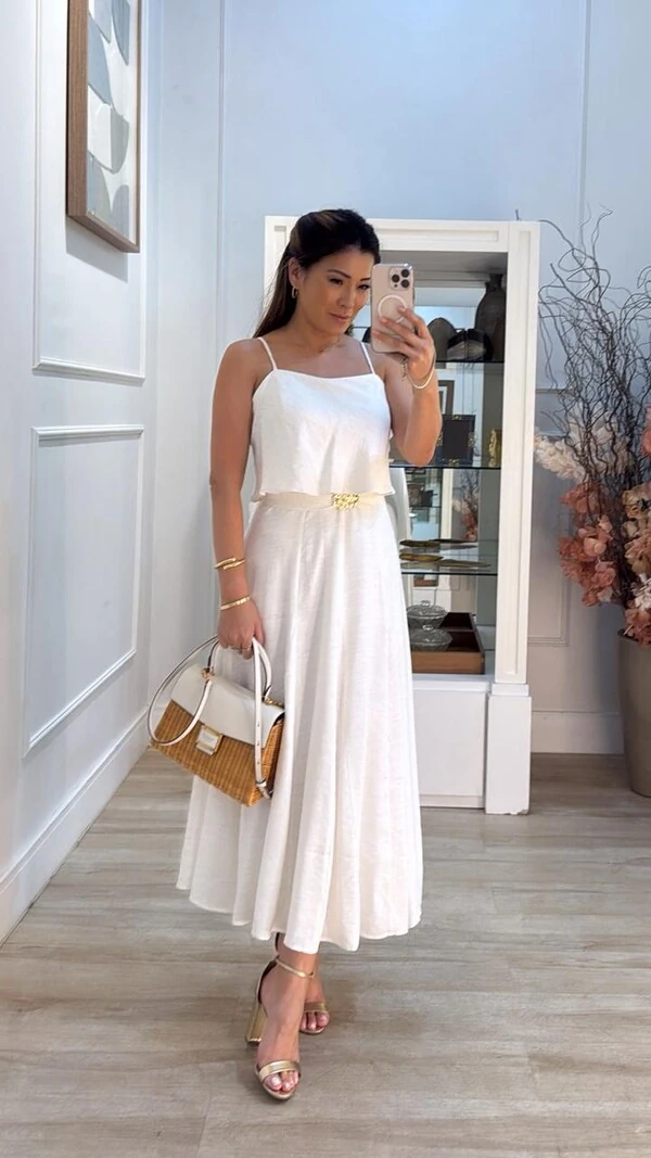 Vestido Midi Mescla Evasê Antonella Cinto Faixa Fivela Flores Duplas Douradas