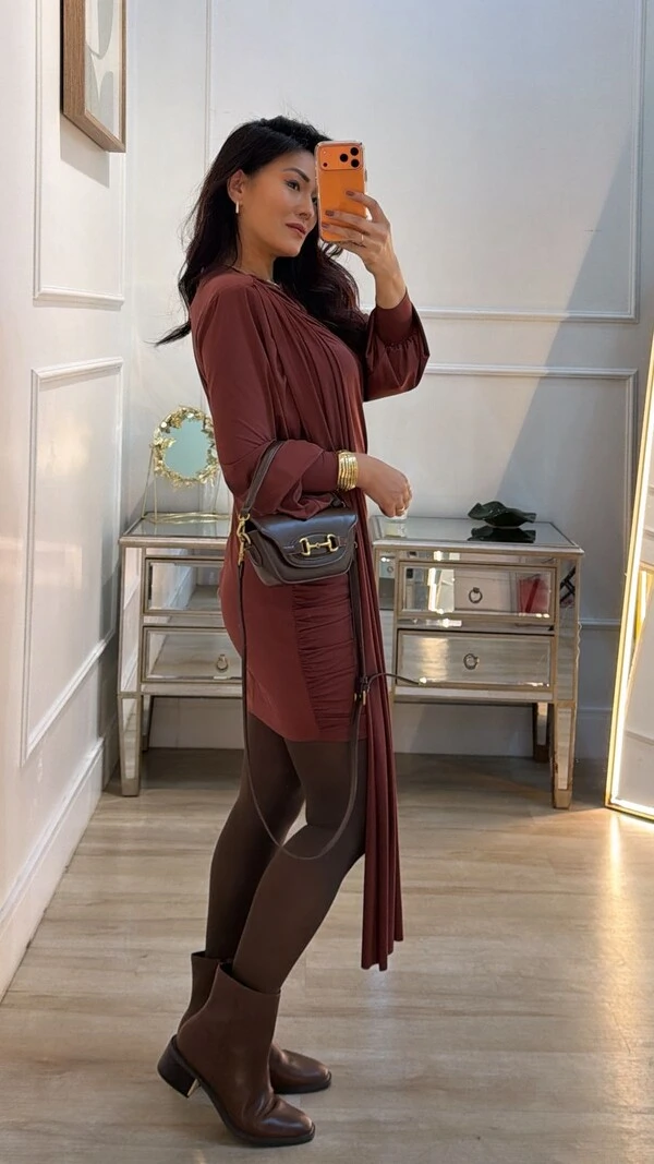 Vestido Curto Drapeado Mariana Mangas Longas Bufantes