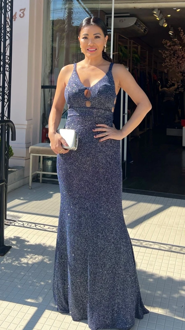Vestido Longo Lurex Decote V Carina Recortes Vazados No Busto E Laterais