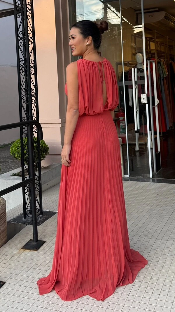 Vestido Longo Decote V Soraya Recorte Vazado Posterior Com Amarração