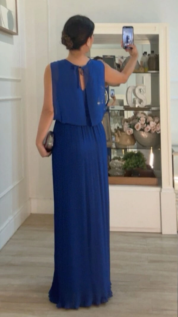 Vestido Longo Blusado Crepe Decote Canoa Com Detalhe Franzido Grace Saia Plissada