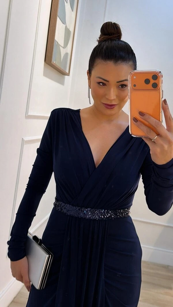 Vestido Longo Mangas Longas Jamile Cinto De Paetê