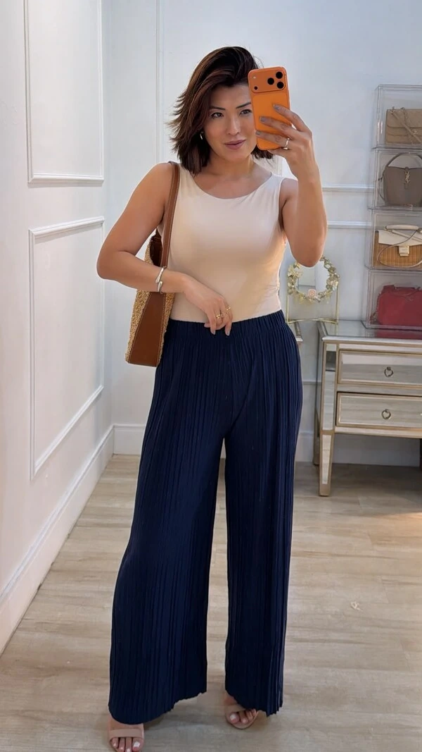 Calça Pantalona Plissada Serena Pala Larga Com Elástico