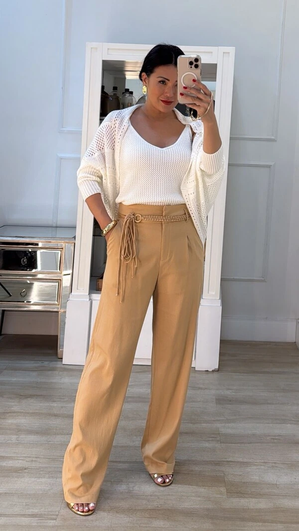 Calça Pantalona Viscose Com Linho Helena Cinto Corda Com Detalhe Trançado