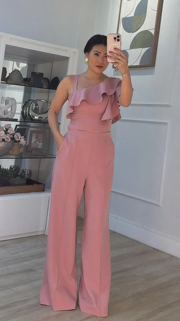 Conjunto Marisa Alfaiataria Blusa Cropped Manga Babados & Calça Pantalona