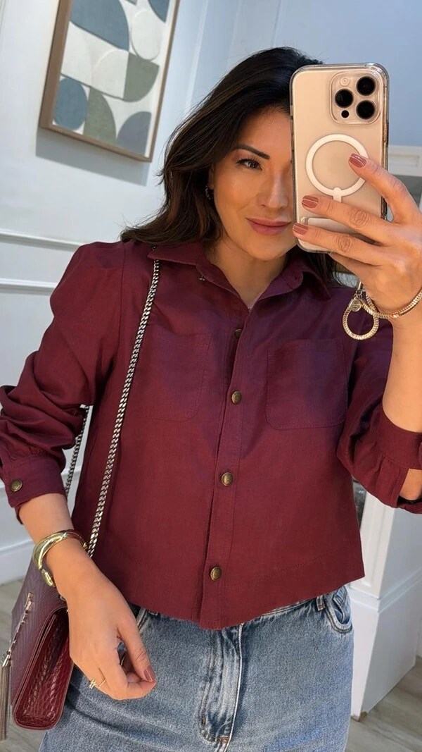 Camisa Cropped Linho Mangas Princesa Veronica Prega Posterior