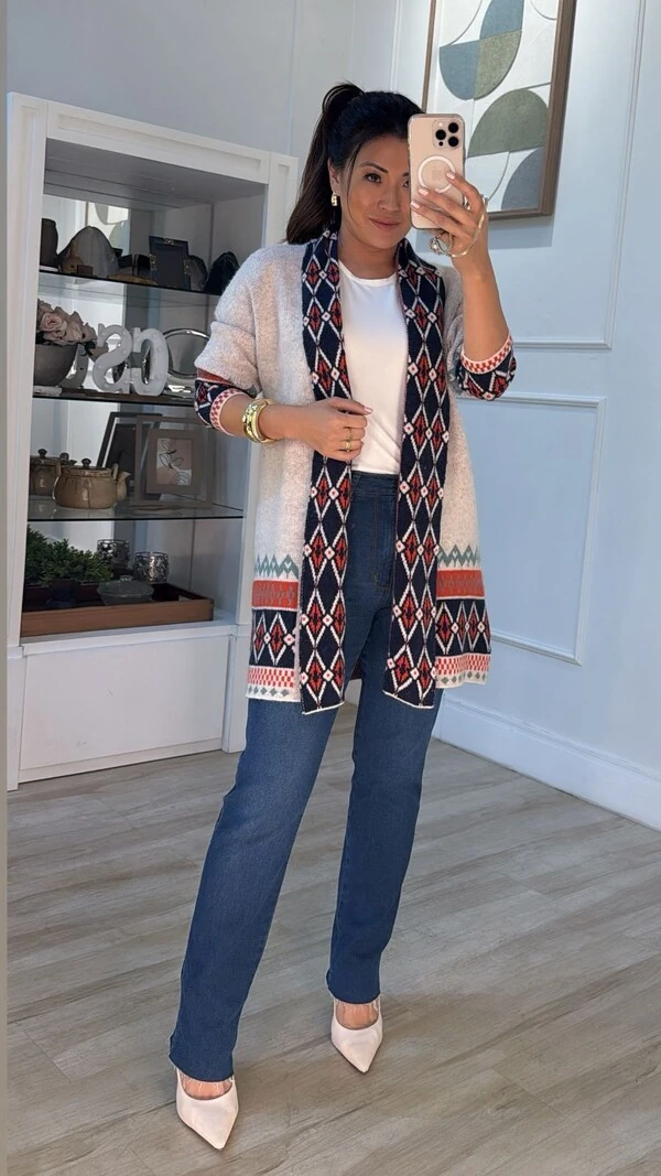 Maxi Cardigan Pillar Com Detalhes Estampados