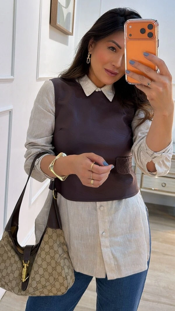 Blusa Regata Couro Eco Paty Lapela Com Detalhe Entrelaçado Texturizado