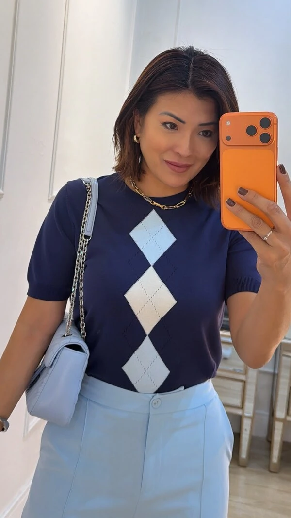 Blusa Tricot Estampa Em Losangos Livia Mangas Curtas