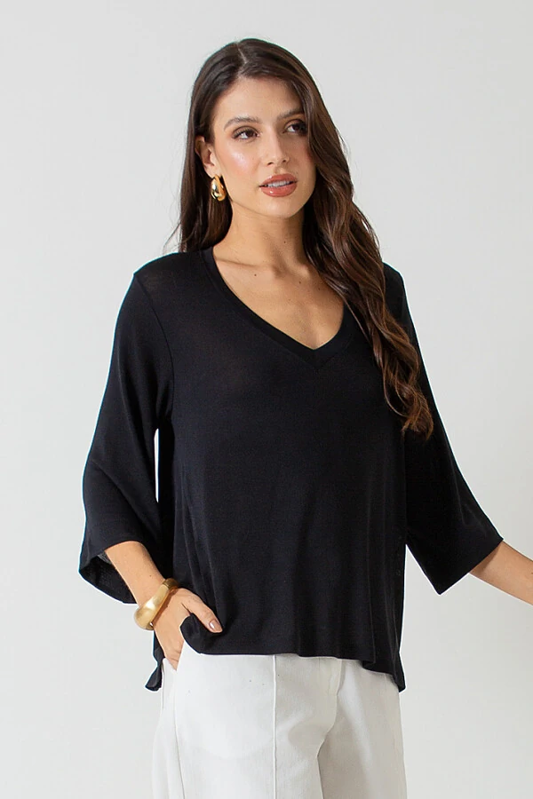 Blusa Ampla Decote V Thayna Mangas 7/8 Evasê