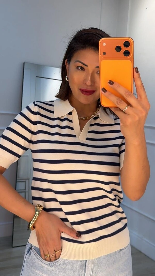 Blusa Polo Tricot Listrada Marcela Mangas Curtas