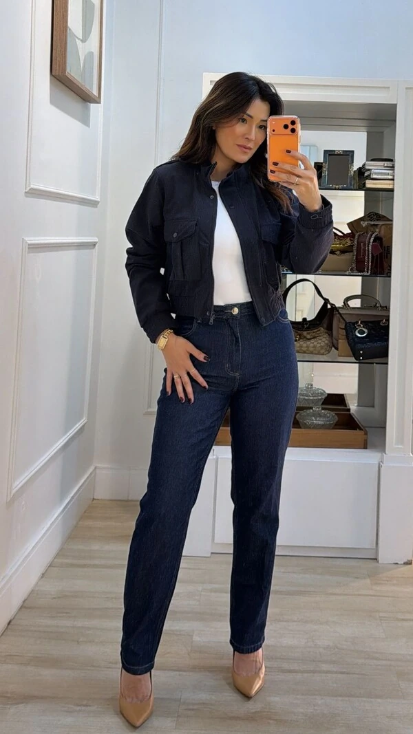 Jaqueta Casaco Bomber Veludo Cotelê Maya Bolsos Quadrados Frontais