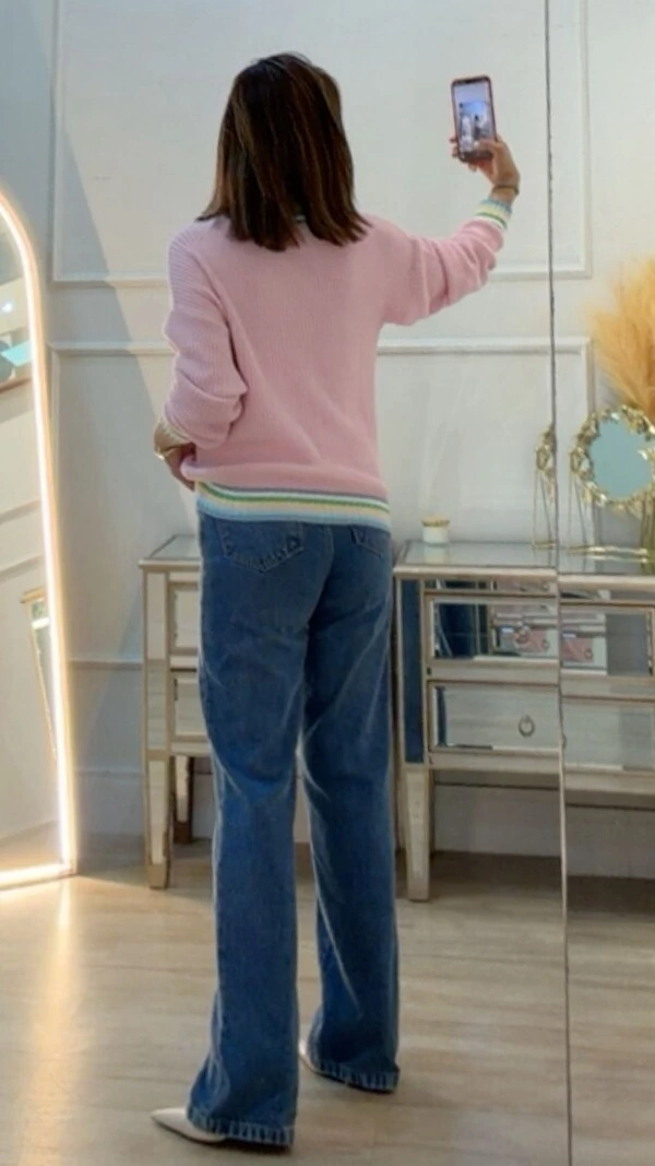 Blusa Tricot Texturizado Aylla Gola Alta Detalhe Listras Multicolor