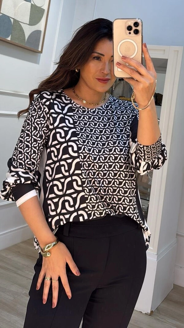 Blusa Malha Fria Estampa De Elos Felipa Mangas Longas