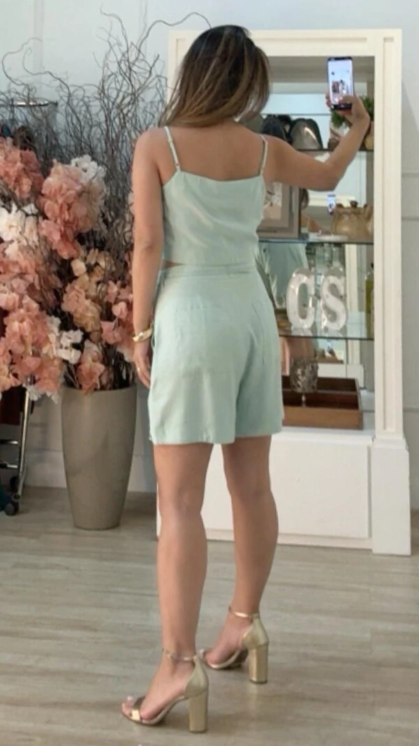 Shorts Twill Barrado Bordado Greta Cinto Fino Ponteiras Resinadas