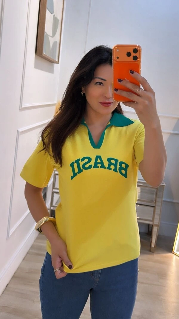 Blusa Tricot Brasil Gola Polo Cynthia Mangas Curtas