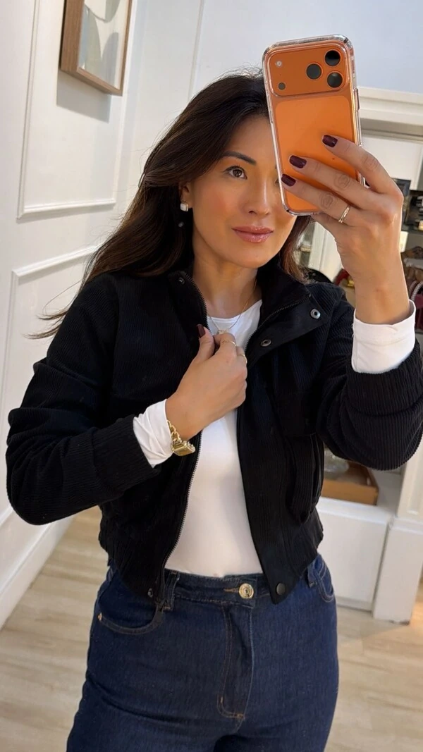 Jaqueta Casaco Bomber Veludo Cotelê Maya Bolsos Quadrados Frontais