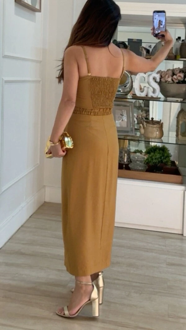 Vestido Midi Alças Finas Opcionais Britney Cinto Franzido