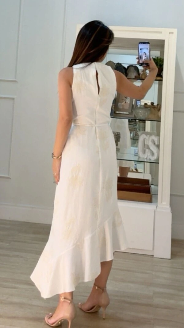 Vestido Midi Twill Bordado Barrado Assimétrico Jamile Cinto Fino
