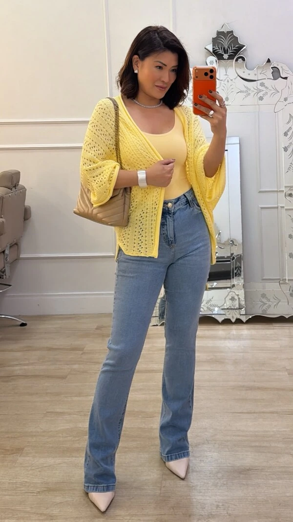 PRÉ-VENDA DATA ESTIMADA DE ENVIO DIA 10/10 Kimono Tricot Vazado Fabi Mangas 3/4