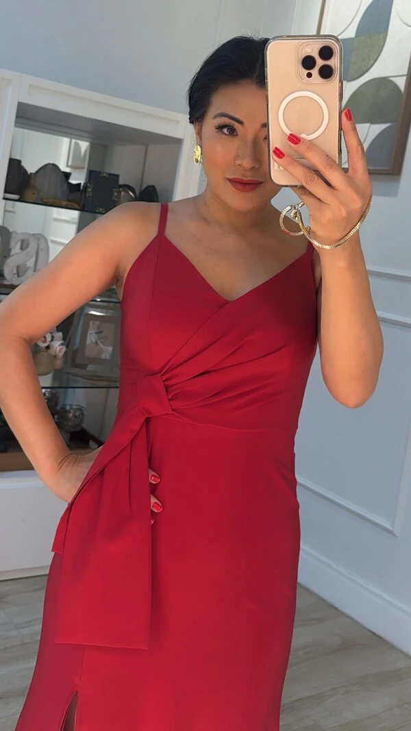 Vestido Longo Decote V Detalhe Laço Liz Fenda Frontal